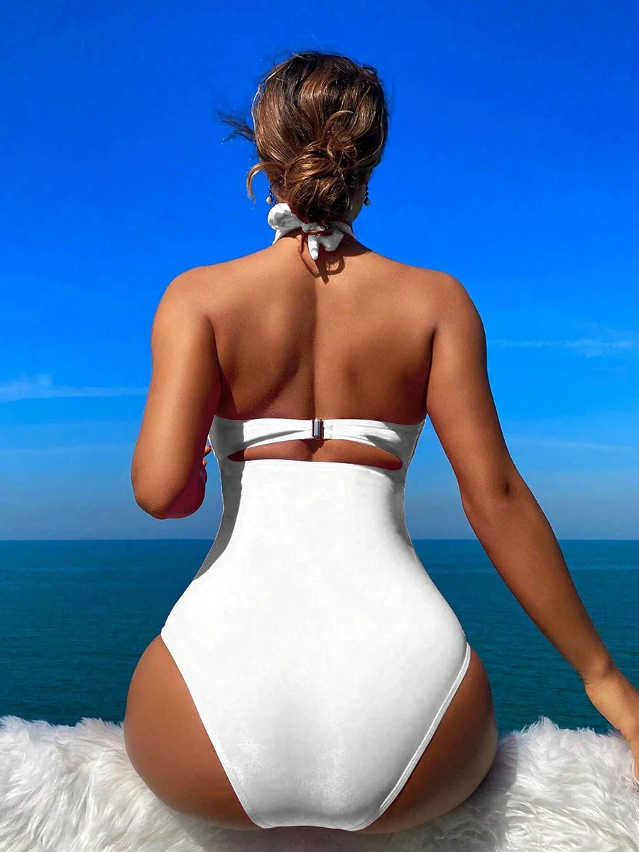 Drawstring One-piece Women Swimsuit Swimwear Female High Waisted Bikini Bandeau Halter Bathing Suit Swimming for Monokini