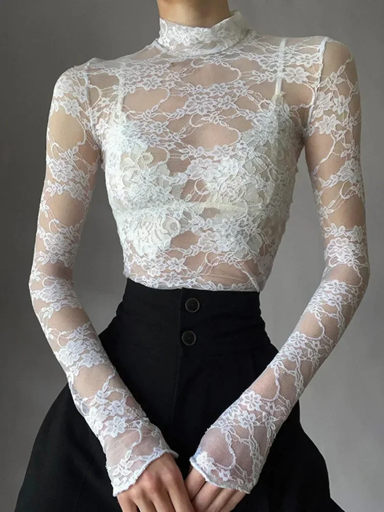 Sexy Lace Blouse Shirts Summer Women Turtleneck Long Sleeve See Through Lace Patchwork Thin Tops 2
