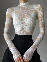 Chemisier Sexy en dentelle pour femmes, chemises d'été à col roulé, manches longues, transparent, Patchwork, hauts fins 2