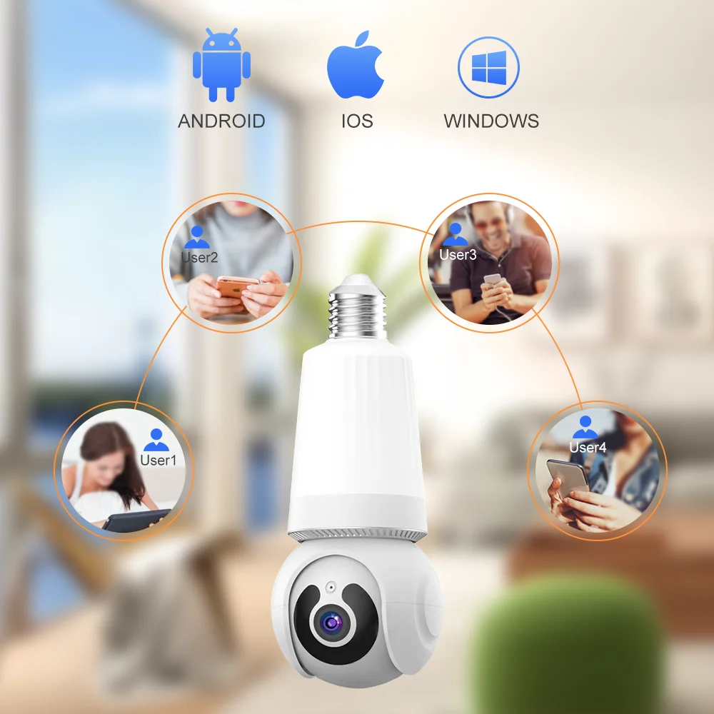 A SpyCam Light Bulb embedded in a light bulb linked to different users on Android, iOS, and Windows platforms, depicted in a home setting.