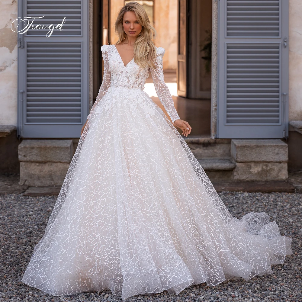 

Traugel Sexy Backless Long Sleeve Flowers Vintage Wedding Dresses Exquisite V Neck Appliques Beaded Lace A Line Bridal Gown