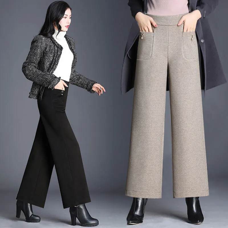 Autumn Winter Woolden Wide Leg Pants Women Solid Colors High Waist Baggy Trousers Casual Korean Big Size Loose Ankle-Length Pant