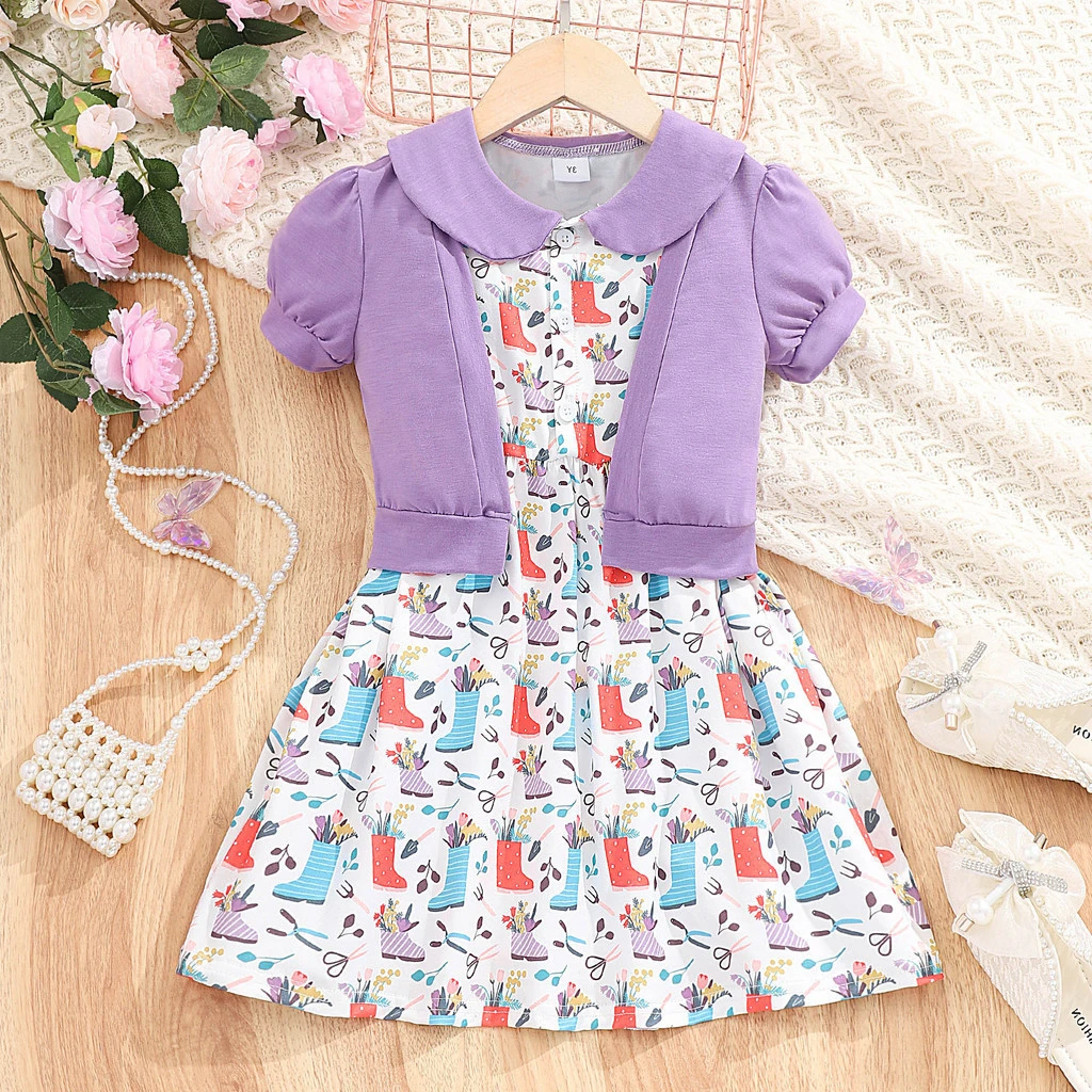 여아용 캐주얼 반팔 원피스 + 카디건 세트, 귀여운 패턴 파티, 퍼플 세트, 3, 4, 5, 6, 7, 여름, 2 개 세트 