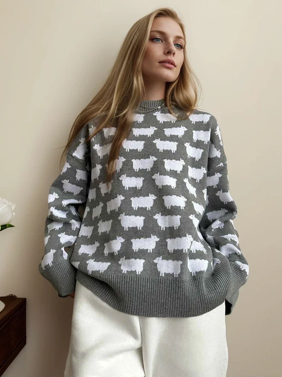 

Модный вязаный винтажный свитер с круглым вырезом и принтом альпака, новинка осень-зима, Женский Свободный Повседневный Рождественский свитер, пуловер