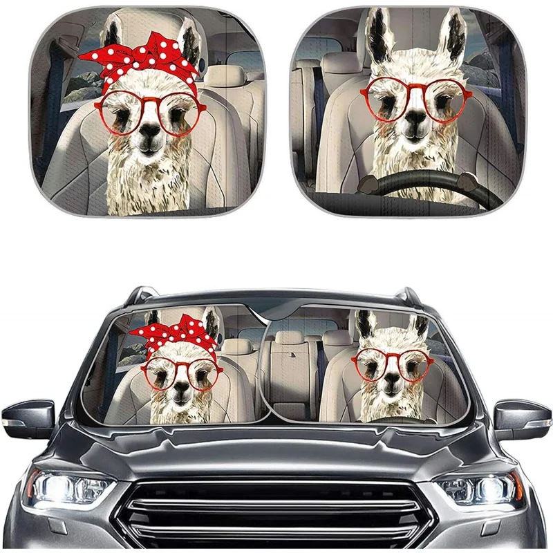 

Funny Couple Animal Llama Driver 2 Pcs Universal Front Windshield Sun Shade Fit for SUV Trucks Sedan Rainbow Cars Front Window
