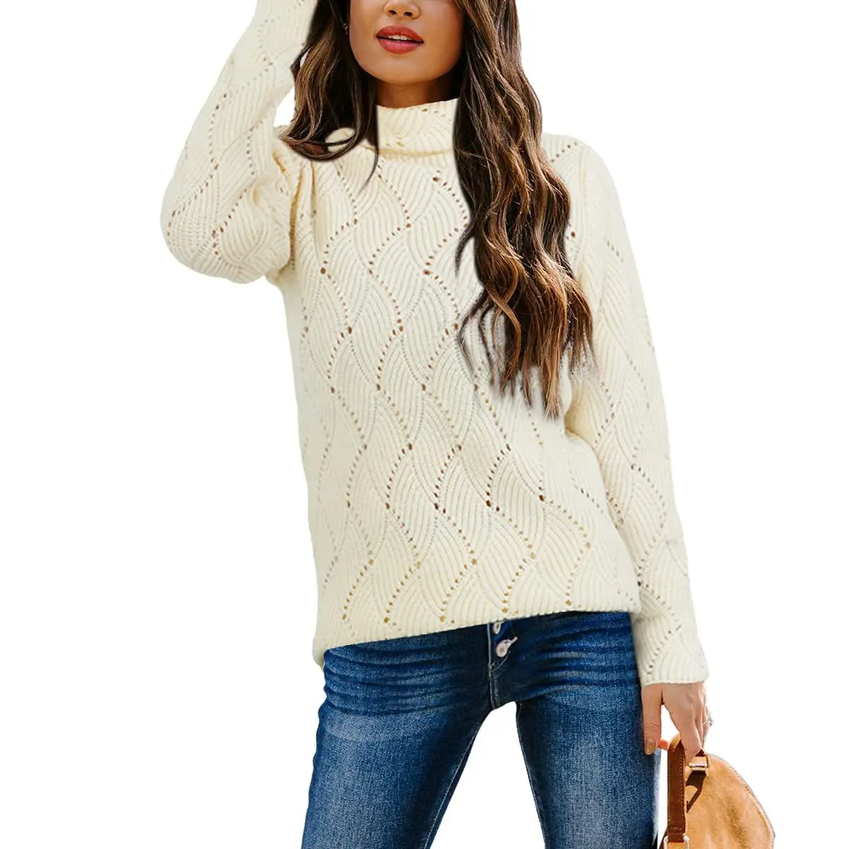 

Женский вязаный свитер-водолазка, свободный однотонный джемпер с вырезами, вязаный пуловер, Осень-зима