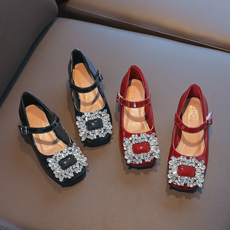 Kids Shoes Spring Fashion Princess Dress Shoes Baby Girls Flats Patent Brand Mary Jane Rhinestone Middle Heel Red Soft Sole mary jane shoes,girls shoes,girls flats,girls high heel shoes