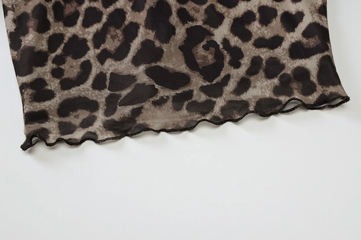 Leopard Printed Mesh T-shirt Top For Women Off-Shoulder Long Sleeve Cropped Y2k Top Pullover Contrast Female Slim Tee