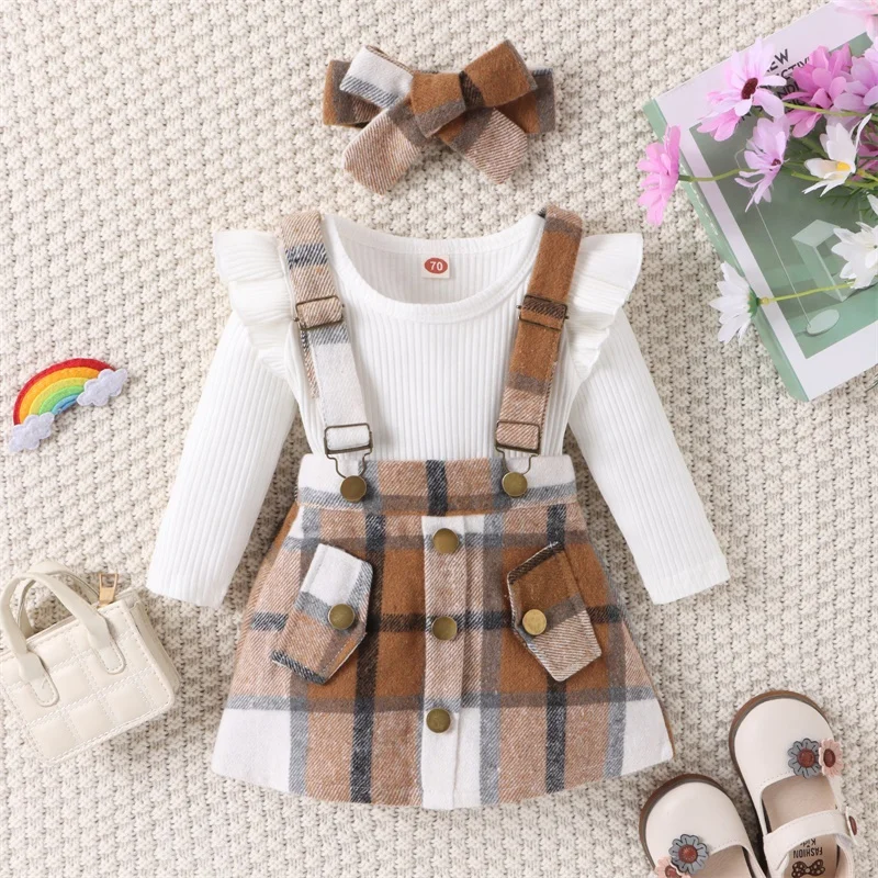 

Infant Baby Girl Skirts Set Ruffle Ribbed Long Sleeve Romper Plaid Suspender Skirt with Headband Fall Winter Outfit