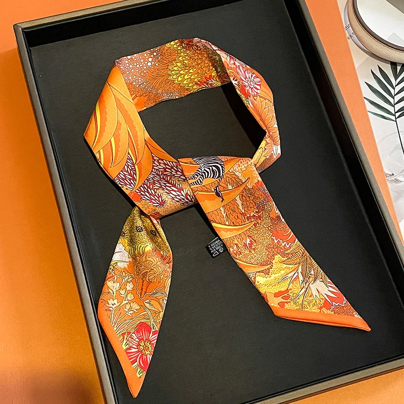 Retro Zebra Floral Print Skinny Silk Ribbon Scarfs Women Hairband Soft Satin Neckerchief Female Bag Ribbons Foulard Neck Ties 2