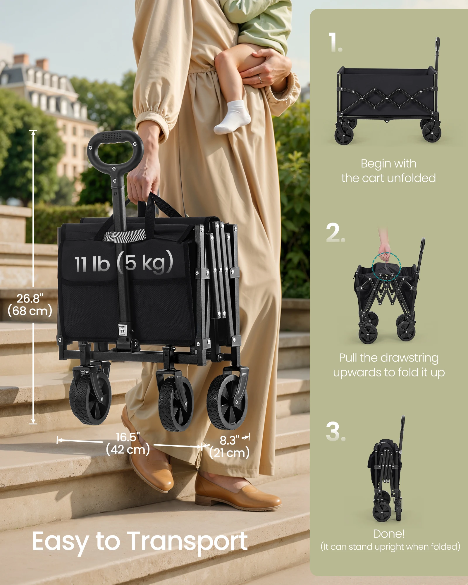 SONGMICS Collapsible Wagon, Portable Wagon Folding with Wheels, Utility Pull Wagon,Camp Garden Cart with Handle,Loads Up to 33lb