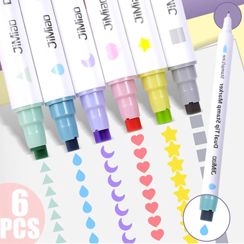 Quick Dry Seal Double-ended Highlighter Marker Watercolor Pen Graffiti Pen Kawai Korean Stationery School Office Supplies 6-1Pcs