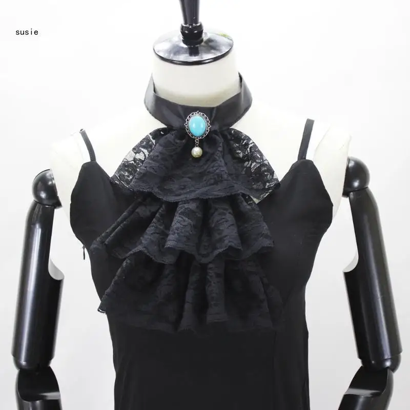 X7YA 여성 남성 다층 레이스 프릴 가짜 칼라 고딕 빅토리아 분리형 Jabot 칼라 파티 Steampunk 의류 액세서리