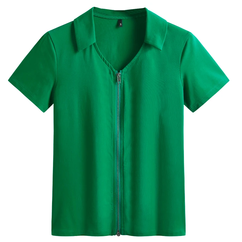 

2023 Summer New Short Sleeve T-shirt Women's Turndown Collar Zipper Cotton Slim Fit Comfortable Casual Solid Color Cardigan
