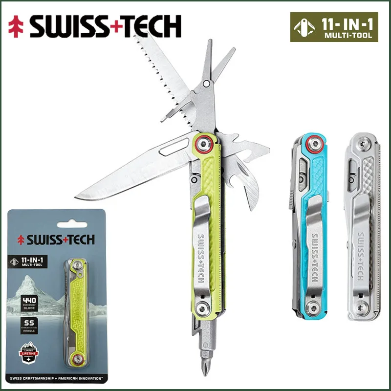 SWISS TECH 11 in 1 미니 멀티툴 다기능 도구(가위 드라이버 포함) EDC 야외 생존 핸드 툴