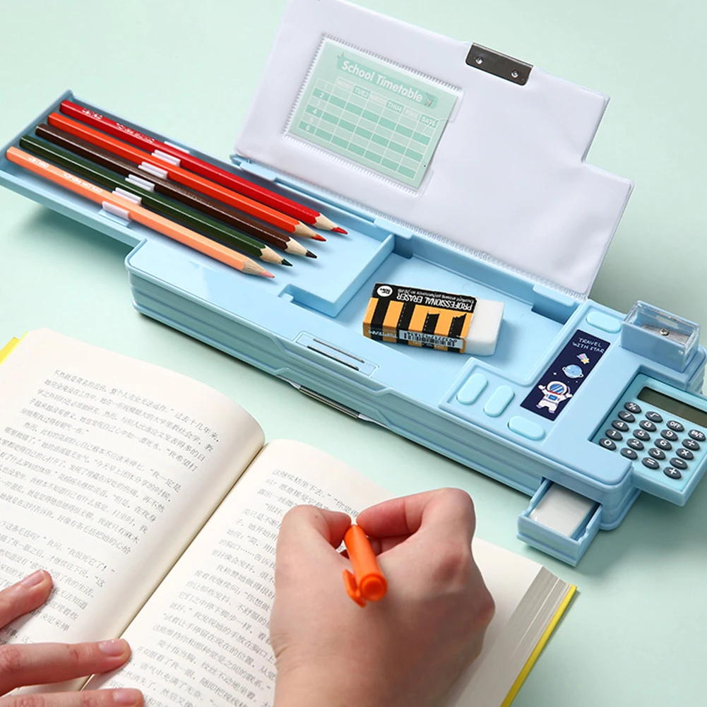 Creative Multi-functional Plastic Stationery Box for Primary School Students Double-sided Magnetic Pencil Calculator Sharpener