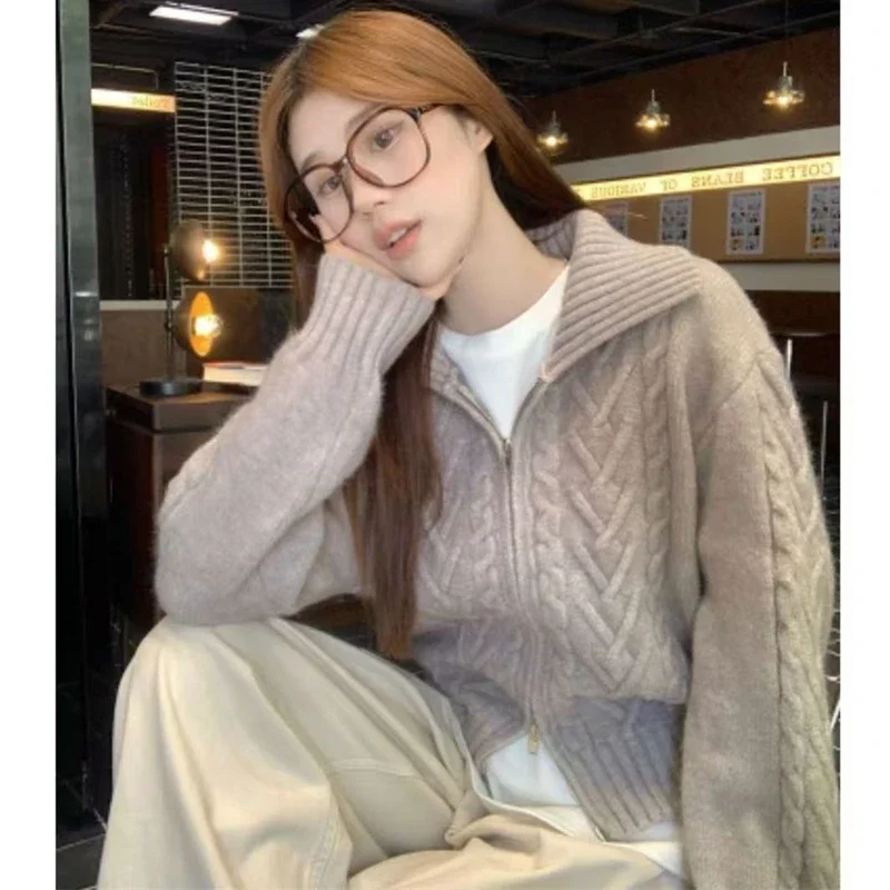 Fashion Autumn Fried Dough Twists Zipper CardiganSweater Women Winter Thickened Knitted Cardigan Long Sleeve Lapel Coat