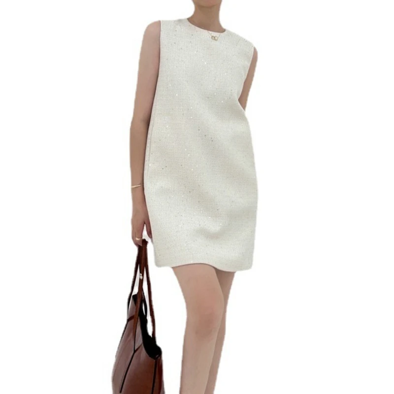 French Temperament Simple Office Dress Summer Women Korea Chic Elegant  Sleeveless Apricot Sequins Sleeveless Loose Tweed Dresses - AliExpress