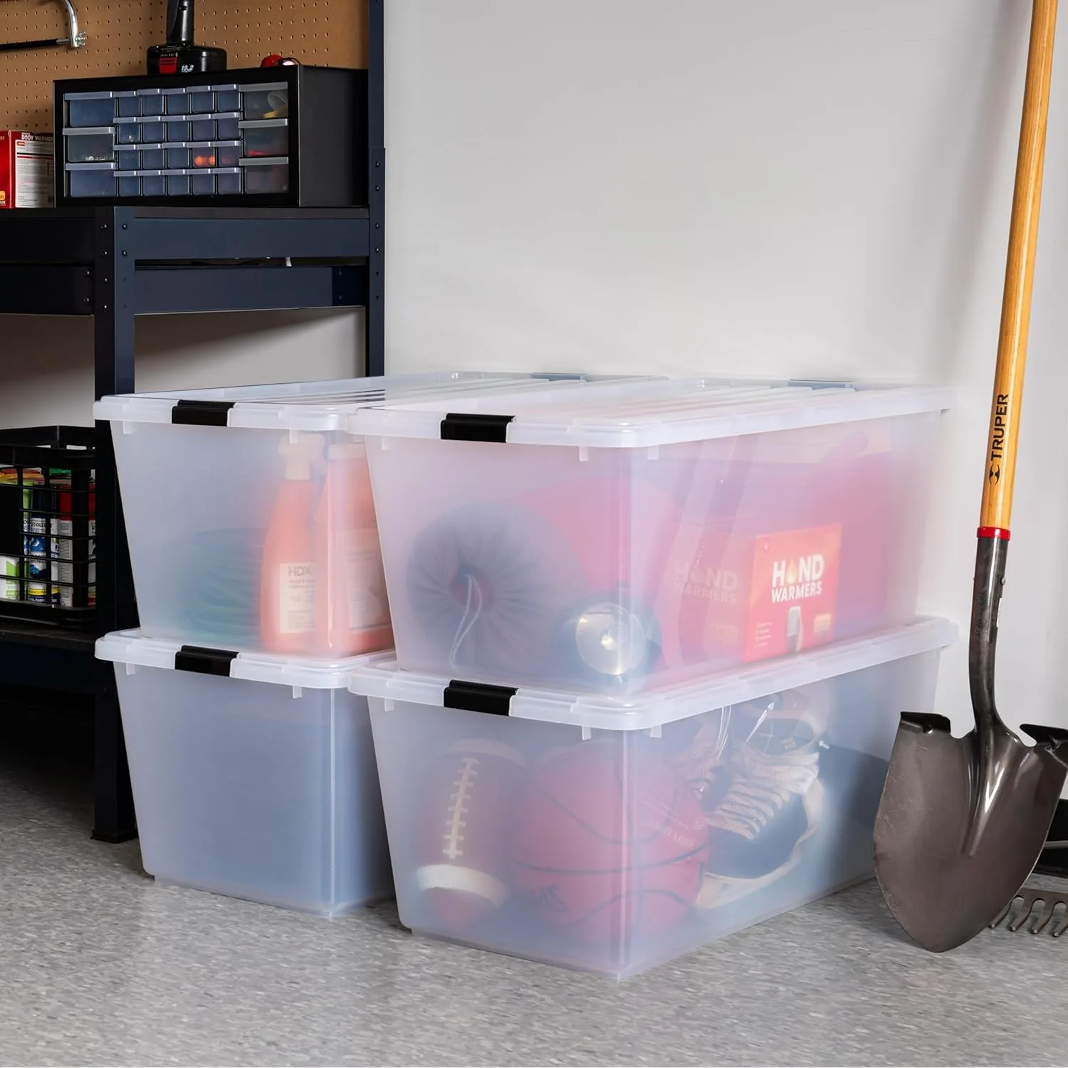 Latches - 4 Pack - BPA-Free, See-Through Organizing Solution, Durable Nestable Stackable Containers, Secure Pull Handle - Clear 6