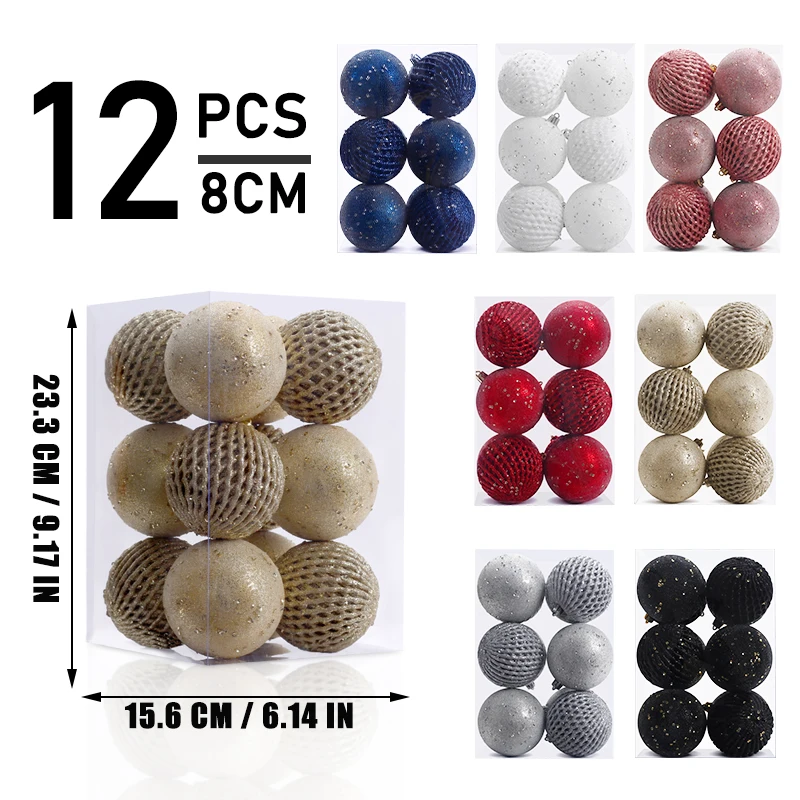 8Cm/12 Stuks Kerstversiering Pailletten Geschilderd Kerstbal Set Kerstboom Opknoping