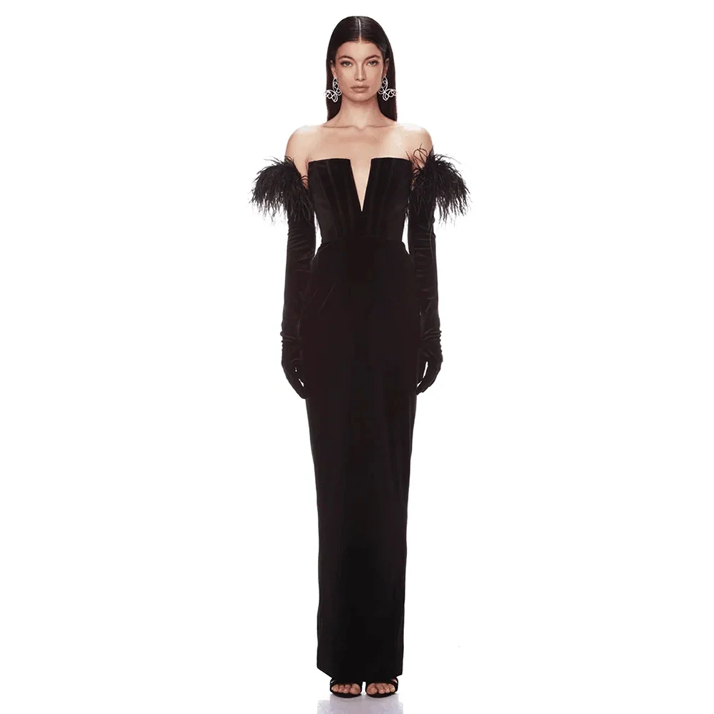 

2023 New Autumn Winter Women Black Slash Neck Strapless Long Sleeve Feather Gloves Design Lace Up Back zipper Bandage Maxi Dress