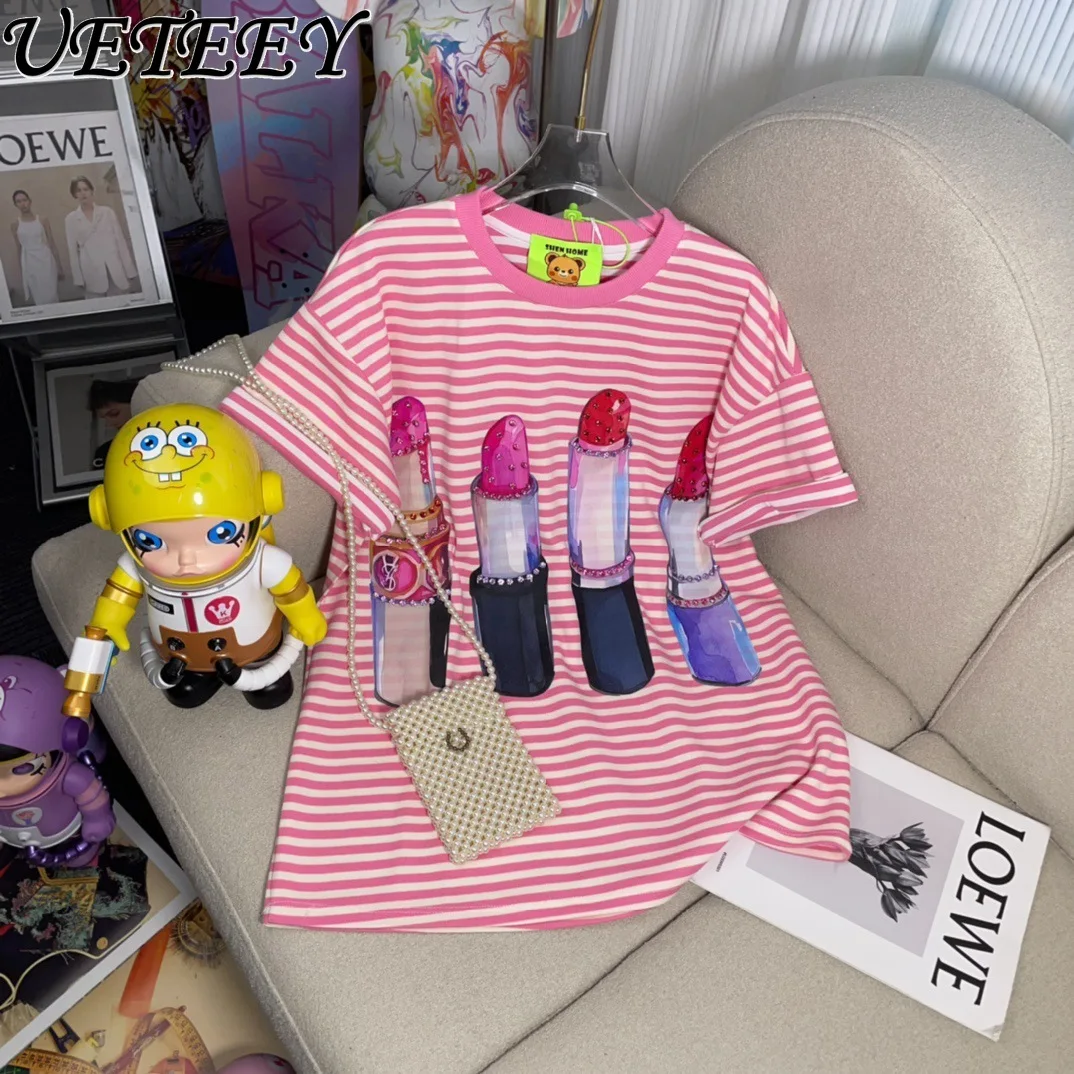

2024 Summer T-shirt Fashion Lipstick Beaded Multicolor Printing Striped T-shirts Loose Casual Short Sleeve Tshirt Y2k Aesthetic