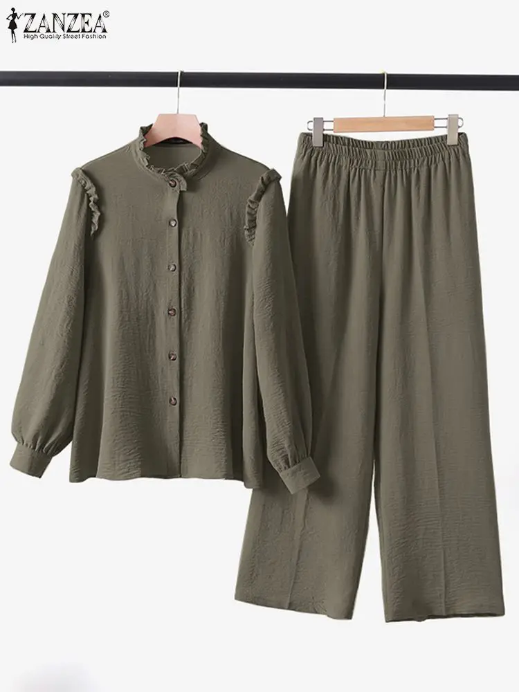 2PCS Vintage Long Sleeve Shirt Matching Sets Trousers Suits ZANZEA Fashion Muslim Pant Sets Dubai Turkey Abaya Loose Outifits