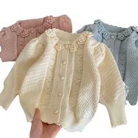 Autumn Kids Baby Girls Sweaters Cotton Knitted Solid Flower Patched Long Sleeve Toddler Girls Coat Children Girls Knitwears 5