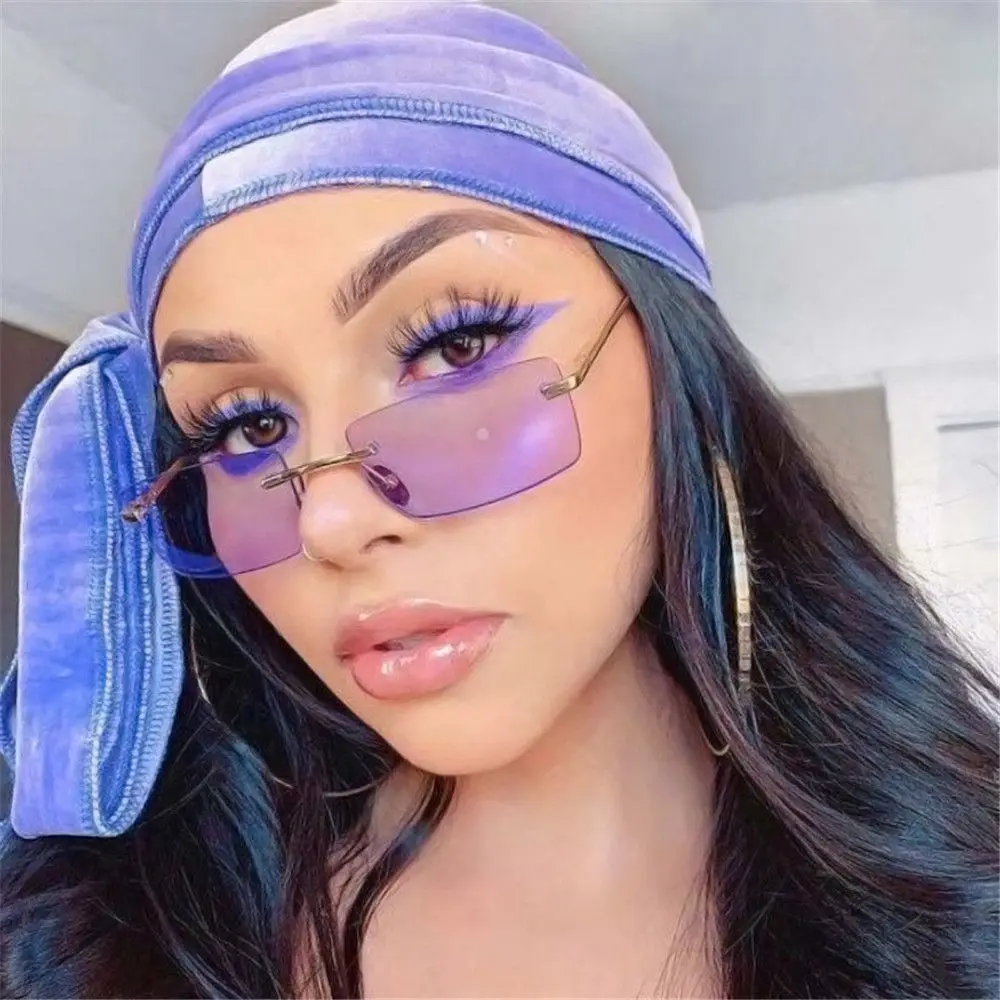 Unisex Small UV400 Eyeglasses Sun Glasses Rectangle Rimless Women Vintage Sunglasses Gradient Glasses