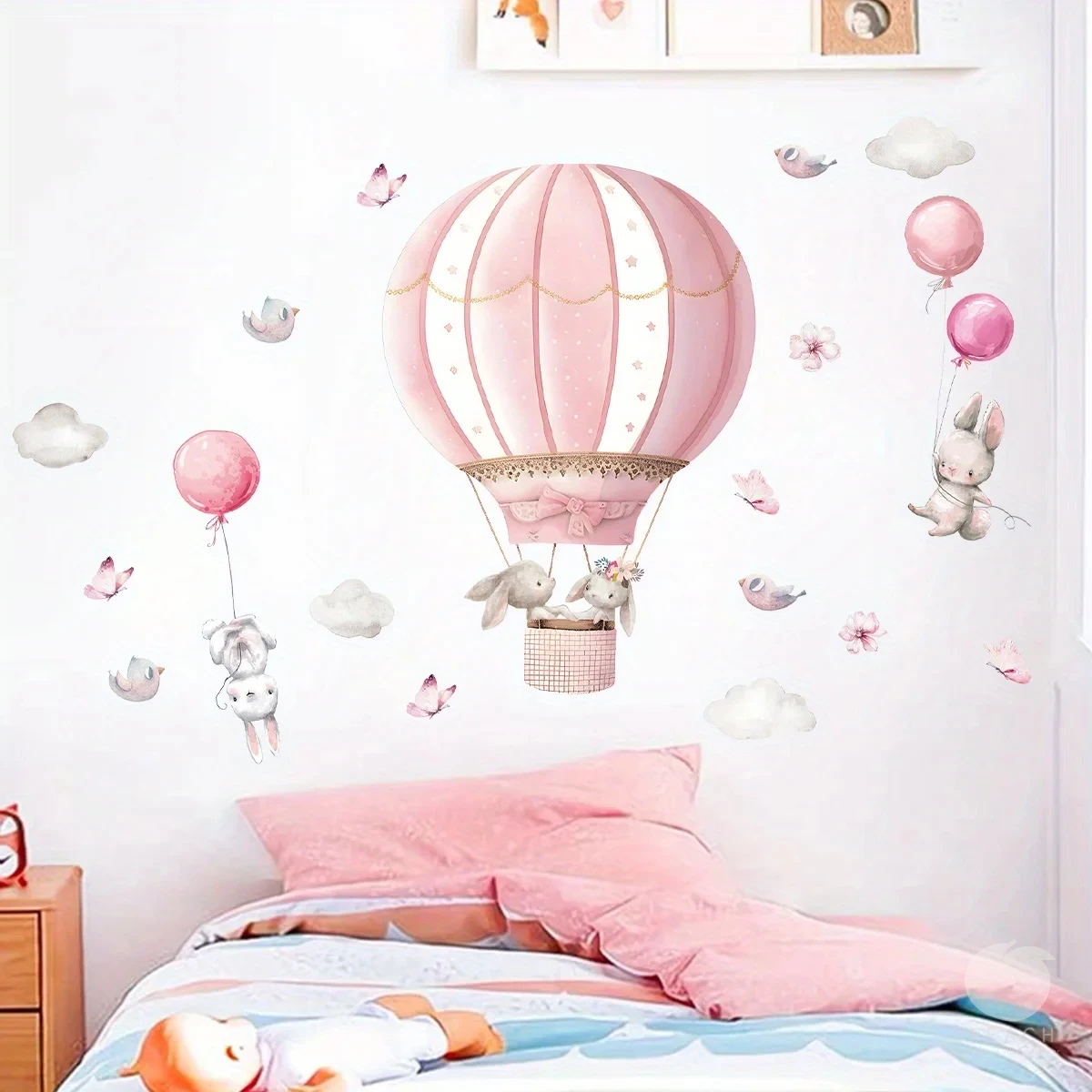 2pcs Cartoon Cute Rabbit Pink Balloon Clouds Wall Stickers For Room Decor Living Room Nursery Wall Decoration wall sticker wall stickers