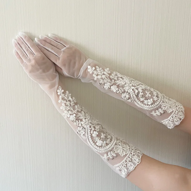 

Gloves Mesh Embroidery Flower Three-Dimensional Decoration MilkyWhite HandmadeSewing Beads Transparent Lace Accessories Modeling