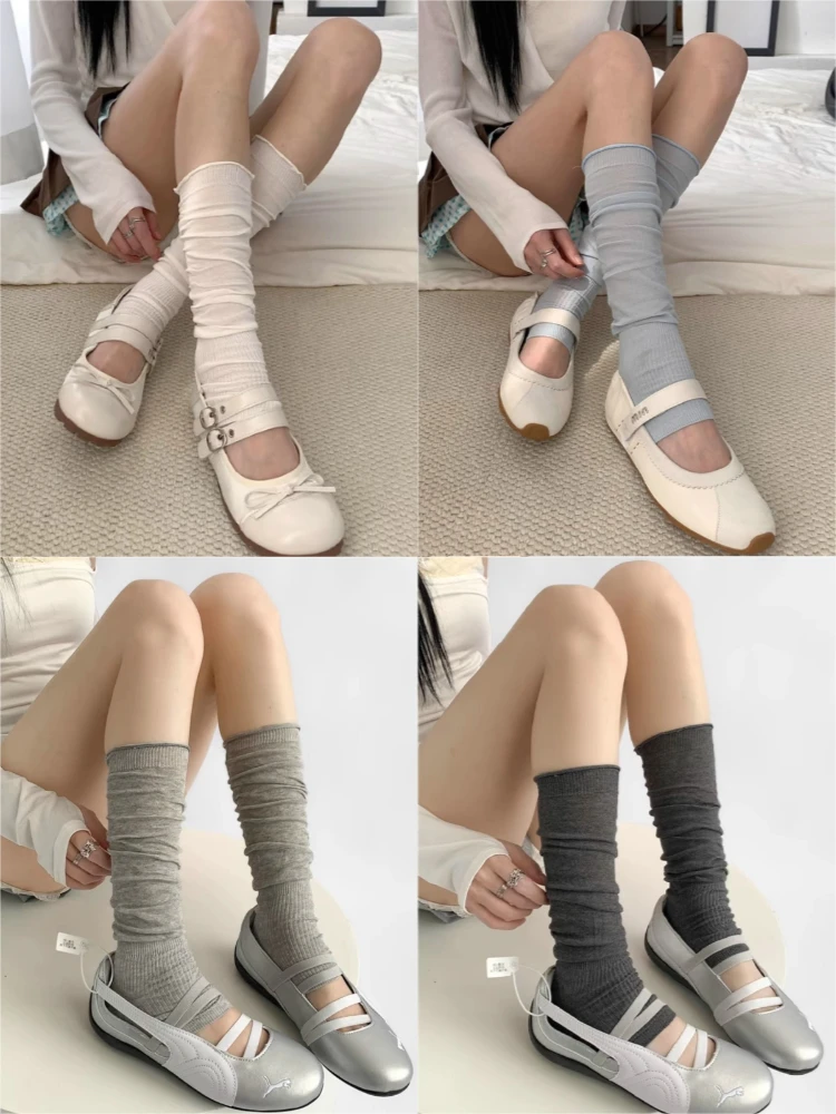 Thin Ruffled Edge Cotton Slouch Leg Warmers Women Ins Trendy Lolita Cos JK Style Ballet Solid Color Calf Stirrup Knee High Socks