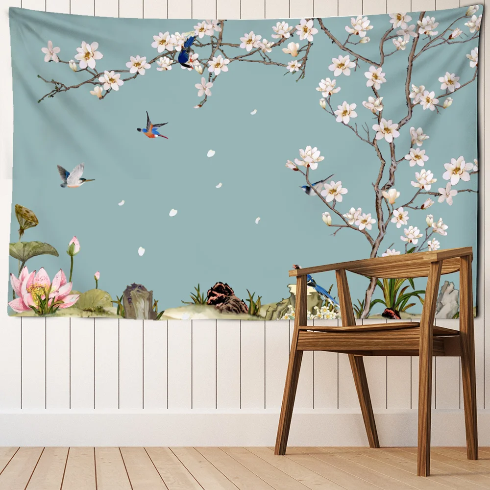 

Spring Flowers Birds Illustration Wall Tapestry Painting Landscape Wall Hanging Tapestry Home Decor Table Cover Tapestry