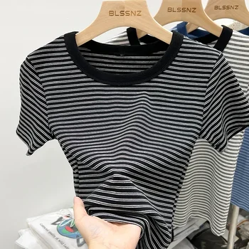 جديد جودة القطن المرأة تي شيرتات قصيرة الاكمام 2025 امرأة الصيف شريط تيز Harajuku Famale بلايز بلايز الفتيات الملابس 2