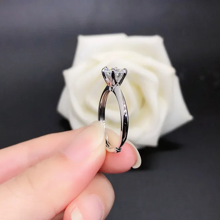 솔리드 14K 화이트 골드 AU585 플래티넘 PT950 라운드 다이아몬드, 심플 오픈 다이아몬드 반지, 뽕나무 스톤 선물, 6 클로, 신제품