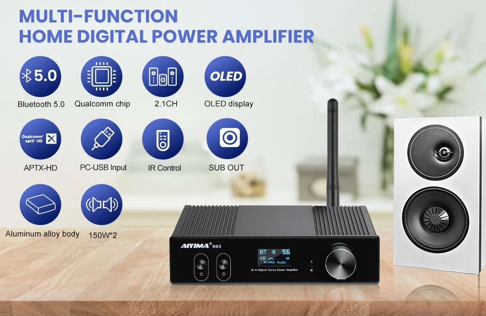 AIYIMA D03 Bluetooth Amplifier 150Wx2 Stereo HiFi Sound Amplificador Subwoofer Amplifiers USB DAC OLED APTX DIY 2.1 Home Audio