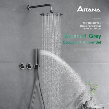 Minimalist ปืนสีเทาทองเหลืองฝังระบบฝักบัว,2-Function Rain & ฝักบัวแบบใช้มือถือสําหรับห้องน้ําร้อน/เย็นติดผนัง 1