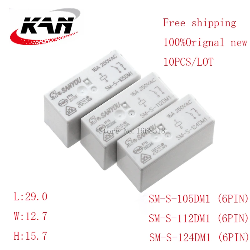 

Free shipping 10pcs relay SM-S-105DM1 SM-S-112DM1 SM-S-124DM1 5VDC 12VDC 24VDC 16A 250VAC 6PIN Original New