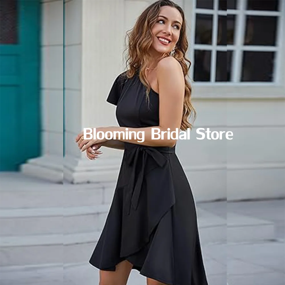 

Elegant One Shoulder Knee Length Satin Cocktail Dress Ruffle Short Sleeve Party Dress for Women