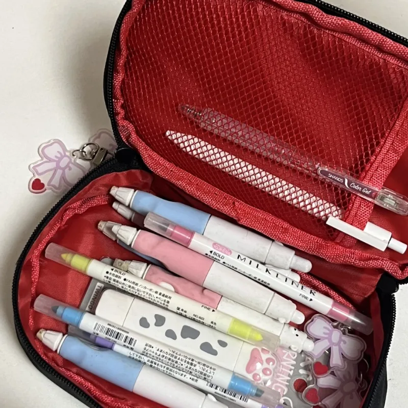 크리 에이 티브 블랙 핑크 보우 연필 케이스 대용량 플립 커버 수 놓은 연필 가방 다기능 문구 보관 상자