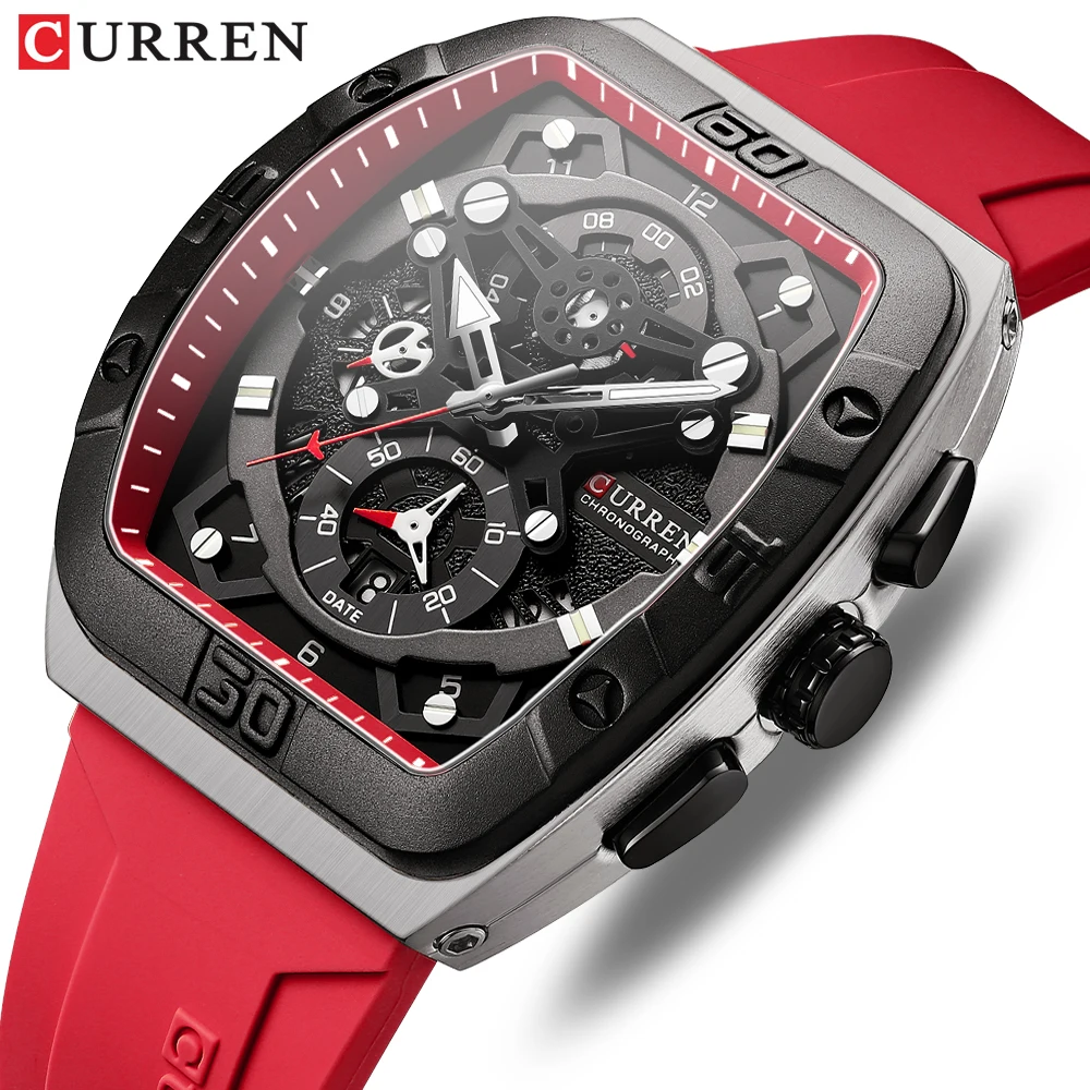 

CURREN Quartz Chronograph Silicone Strap Casual Sports Watches Tonneau Dial Business and Sport Design Wrist Watch Clock