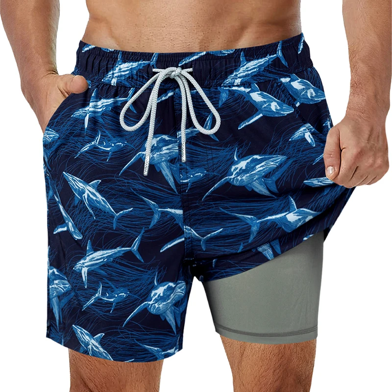 SURFCUZ Mens Swim Trunks with Compression Liner Stretch 2 in 1 Running Sport Gym Shorts Quick Dry Swim Beach Shorts with Pockets