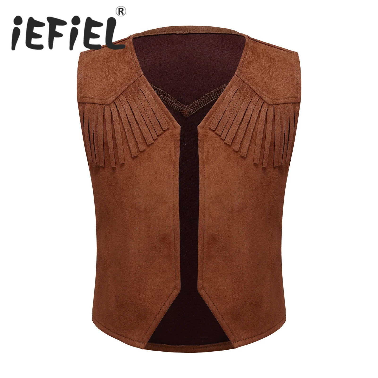 Kids Boys Western Cowboy Costume Halloween Cosplay Vest Pointed Hem Fringe Decor Open Front Vest for Carnival Party Dress Up
