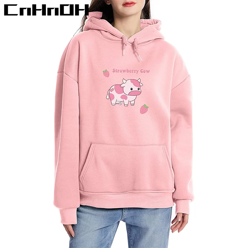 

Пуловер CnHnOH, свитшоты для женщин, милые повседневные пушистые толстовки с капюшоном и принтом клубники, коровы, пушистый топ