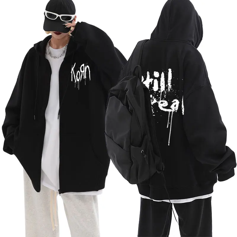 Rock Band Korn Music Concert WORLD TOUR Graphic Zipper Hoodie Men Women Oversized Sweatshirt Male Vintage Gothic Zip Up Jacket