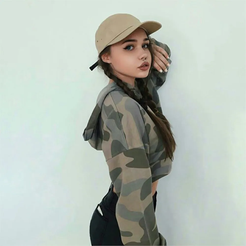 

Fashion Camouflage Print Hoodies For Women Spring Autumn Sexy Crop Tops Long Sleeve Girl Casual Pullover Sweatshirts