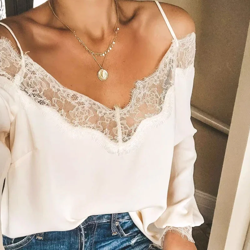 

Sexy Off Shoulder Tops Fashion V Neck Lace Chiffon Shirt 2023 Autumn Long Sleeve Blouse Women Casual Loose Mujer Elegant 29480