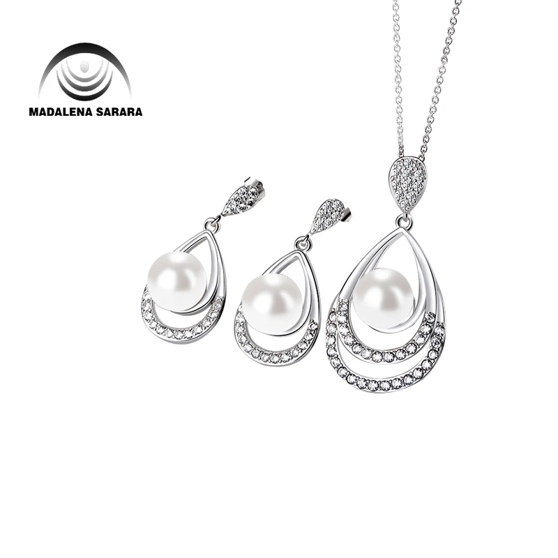 

MADALENA SARARA Drop Style AAAA Cubic Zirconia AAA 8mm Freshwater Pearl S925 Plated pendant chain Necklace Jewelry Set