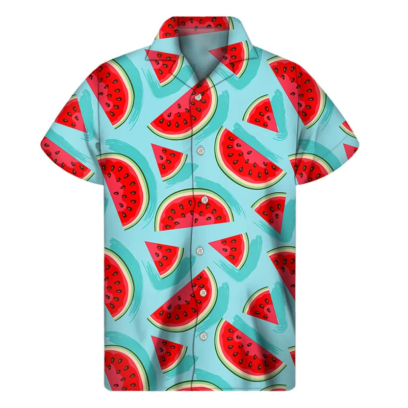 thumbnail image 1 of Camisa hawaiana con estampado de sandía colorida 2024, camisetas de verano de manga corta con botones de frutas estampadas en 3D, ropa para hombre, blusa con solapa, 1 of 5