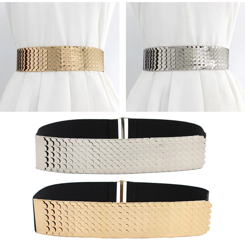 

1 шт. модный металлический пояс с рисунком рыбьей чешуи для женщин эластичный широкий пояс качественный декоративный пояс для платья корейский жилет